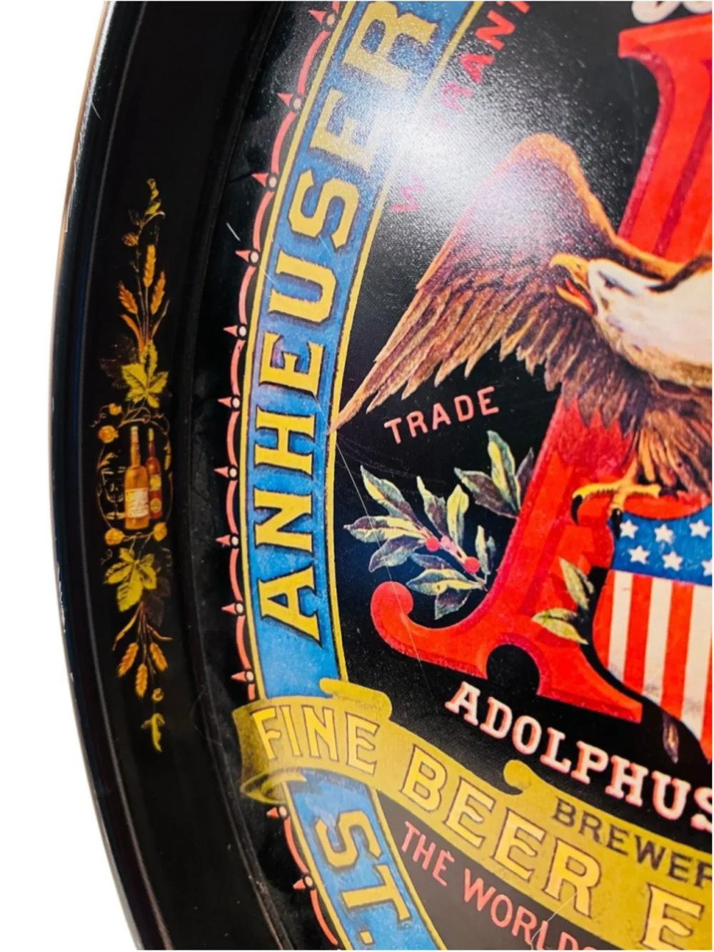 Vintage Anheuser-Busch Metal Beer Tray Black Oval St. Louis Eagle Adolphus Busch